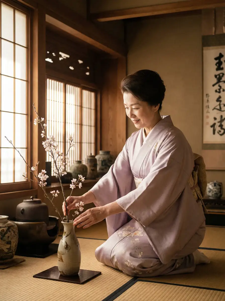 一位优雅的 萝莉岛 在和室中插花